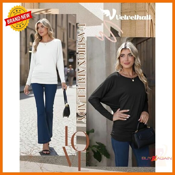 Long Sleeve Dolman Tops 3 Pack, Flowy Bat Wing Tees, Polyester Cotton Blend - Picture 4 of 7